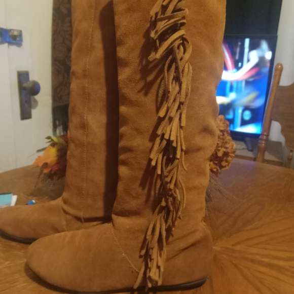 Xhilaration Leather Knee High Fringe Boots - Picture 2 of 6
